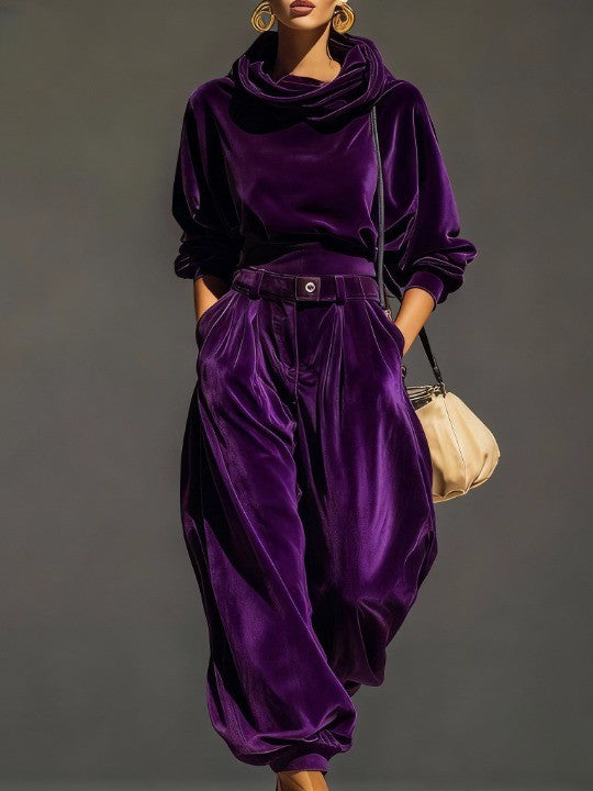 Vintage brown velvet hoodie and loose-fitting trousers set(Includes belt)