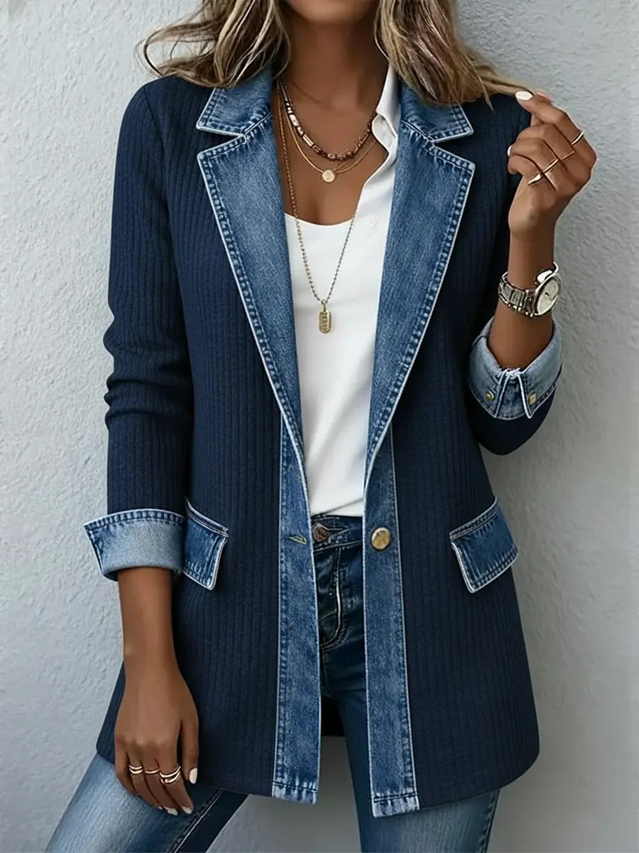 Women's Faux‑Layer Denim Trim Ribbed Open‑Front Cardigan