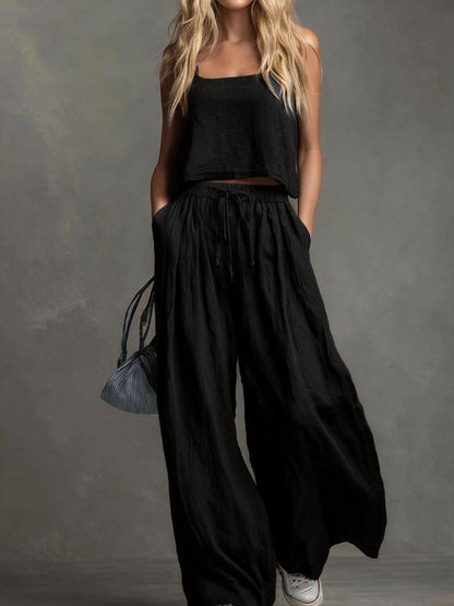 Solid Color Casual Cotton And Linen Suspender Tops Wide-Leg Pants Suit