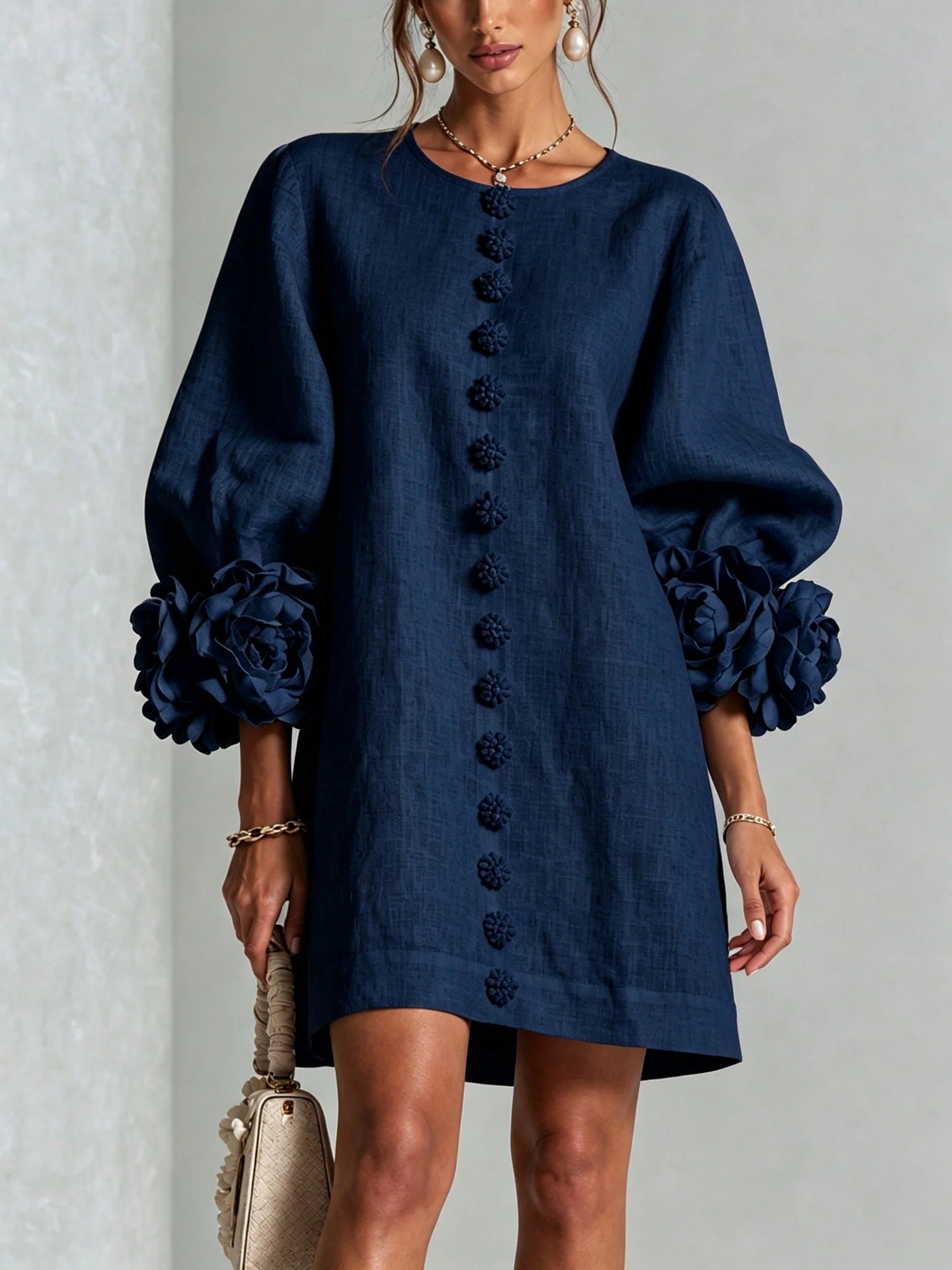 Blush Pink Fabric Floral Appliqué Balloon‑Sleeve Shift Mini Dress