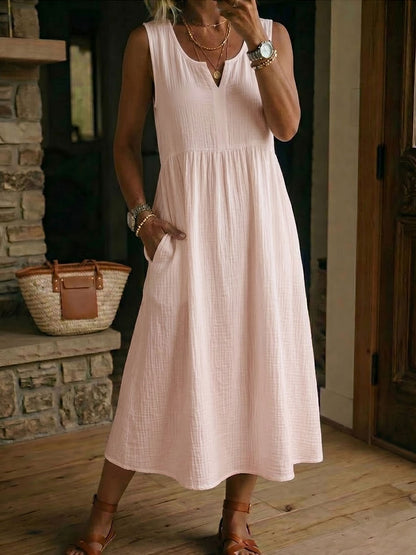 Women's V-neck Sleeveless Cotton-linen Dress