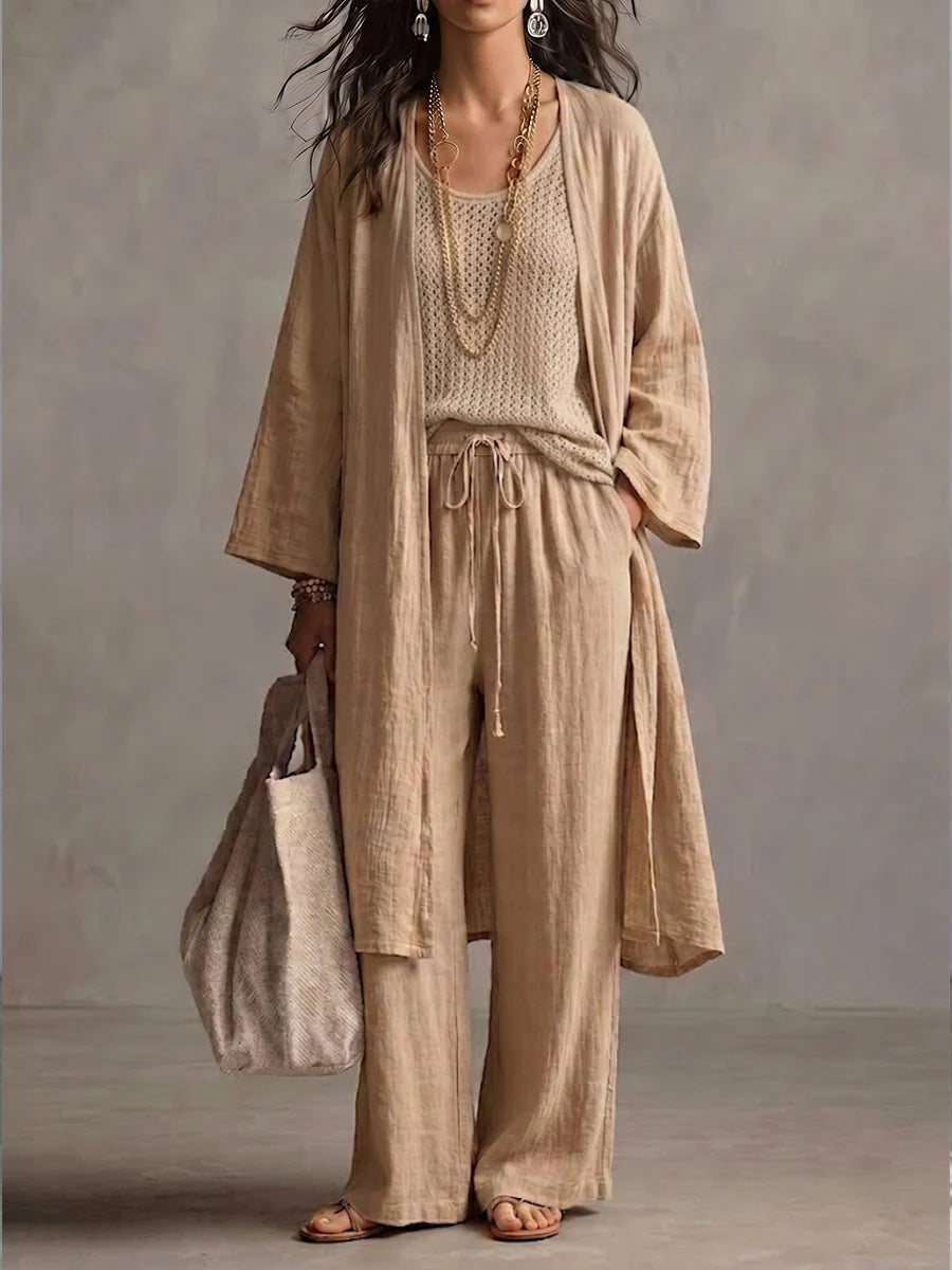 Neutral Beige Linen-Blend Two-Piece Lounge Set