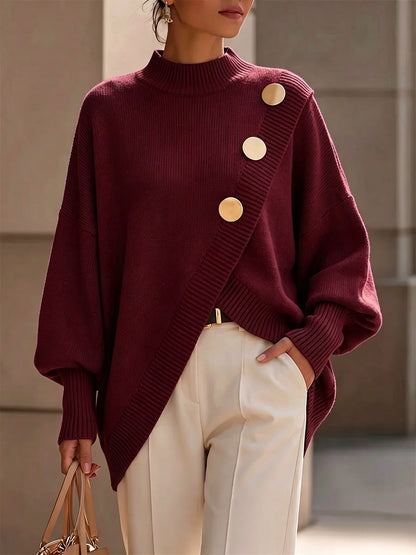 Mock Neck Oversized Batwing Sleeve Asymmetric Hem Knit Sweater With Decorative Gold Buttons
