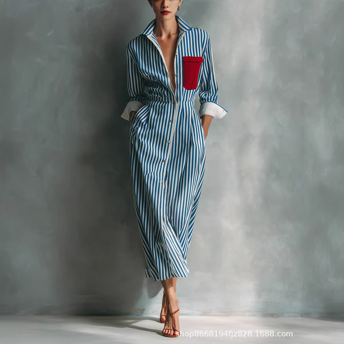 Women's Blue And White Cotton Blend Striped Shirt Dress With Red Chest Pocket