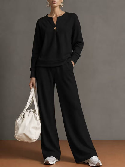 Women's Notch‑Neck Button Long‑Sleeve Top & Wide‑Leg Pants Two‑Piece Loungewear Set