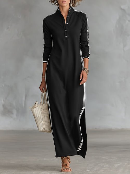 Minimalist White-trimmed Button-down Collar Sweatshirt Dress Maxi Dress
