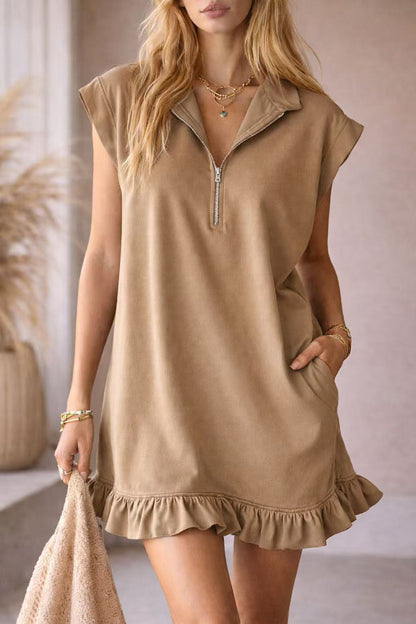Solid Color Loose Sleeveless Pocket Casual Ruffle Mini Dress