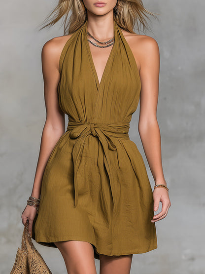 Halter Neck V-Neck Waist Tie Casual Holiday Women'S Dress
