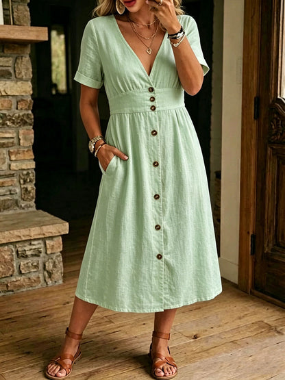 Women's Casual Loose-fitting Linen And Cotton Short Sleeve Dress