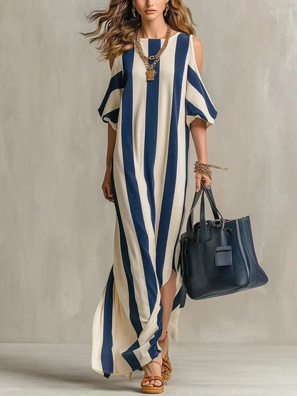 Vertical Stripe Cold Shoulder Split Maxi Shift Dress
