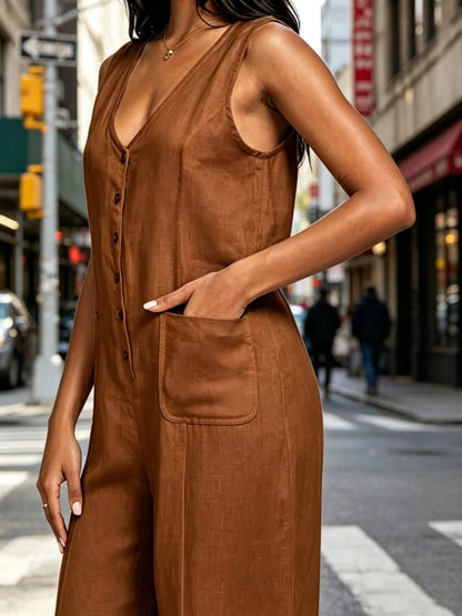 Buttoned Cotton And Linen Sleeveless Casual Wide-Leg Loose Jumpsuit With Pockets