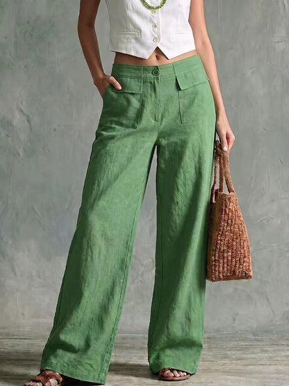 Sage Linen High Waist Patch Pocket Wide Leg Trousers