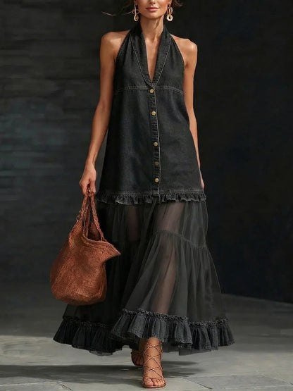 Halter Neck Denim & Tulle Tiered Maxi Dress