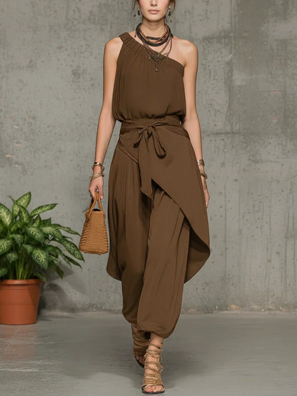 Stylish Casual Linen And Cotton One-shoulder Sleeveless Jumpsuit