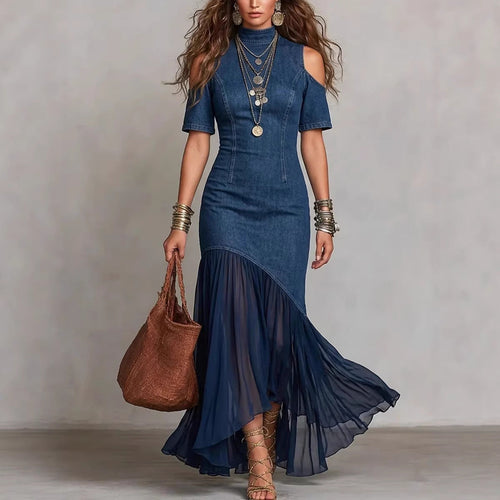 Off-Shoulder Mesh Hem Midi Dress – Slim Fit Short Sleeve Dress