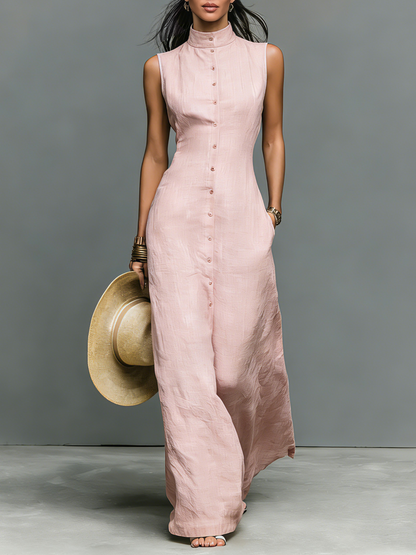 Women's Minimalist Linen-Blend Stand-Collar Single-Breasted Sleeveless Maxi Dress