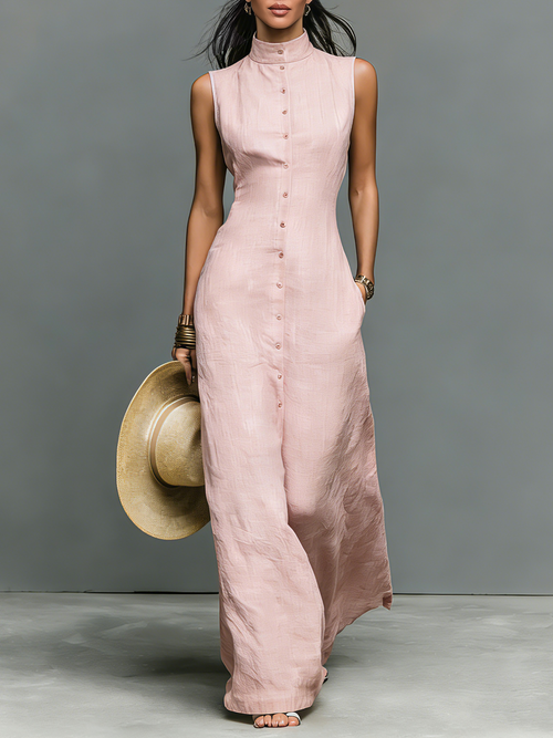 Women's Minimalist Linen-Blend Stand-Collar Single-Breasted Sleeveless Maxi Dress