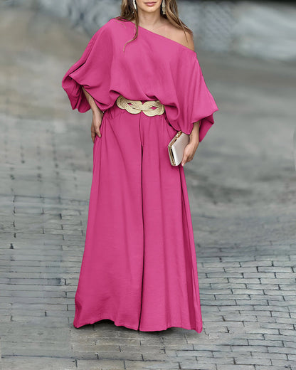 Skew Neck Lantern Sleeve Loose Top & Zipper Fly Wide Leg Pants Set Without Belt