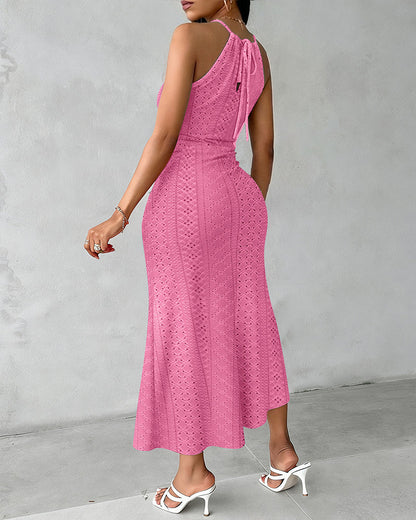 Halter Tie Criss Cross Front Knit Jacquard Textured Slit Dress Casual Hollow-out Draped Vacation Dress
