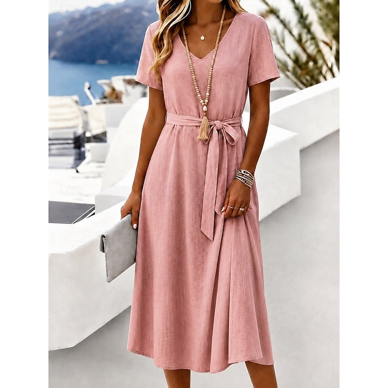 Women's Midi Dress Casual Dress Summer Dress Elegant Vacation Fashion Daily Outdoor Beach Plain Short Sleeve V Neck White Pink Green Apricot Summer Spring