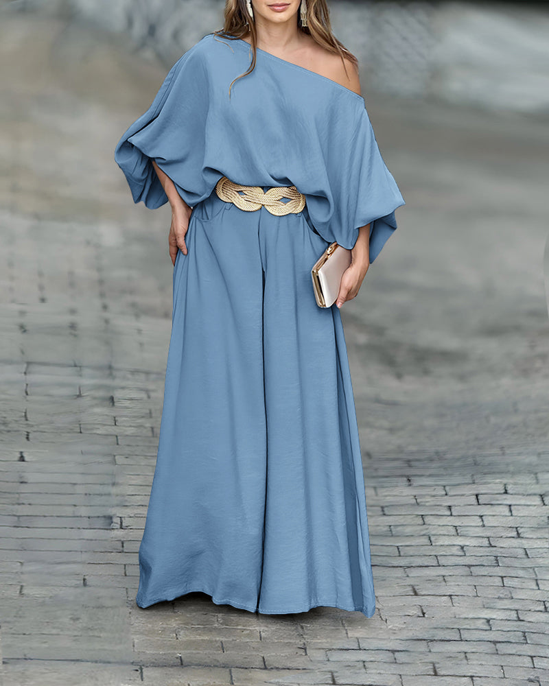 Skew Neck Lantern Sleeve Loose Top & Zipper Fly Wide Leg Pants Set Without Belt