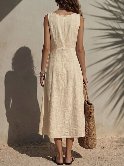 Women's Solid Color Crew Neck Sleeveless Casual Loose Cotton-linen Dress