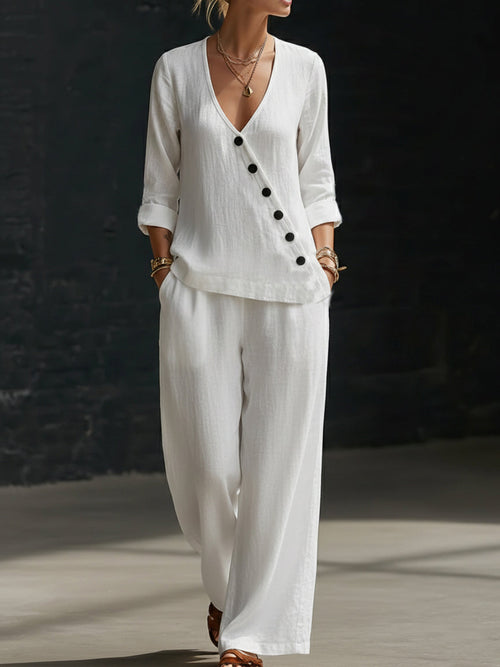 NEW🔥Minimalist V-neck Shirt And Wide-leg Pants Two-piece Set