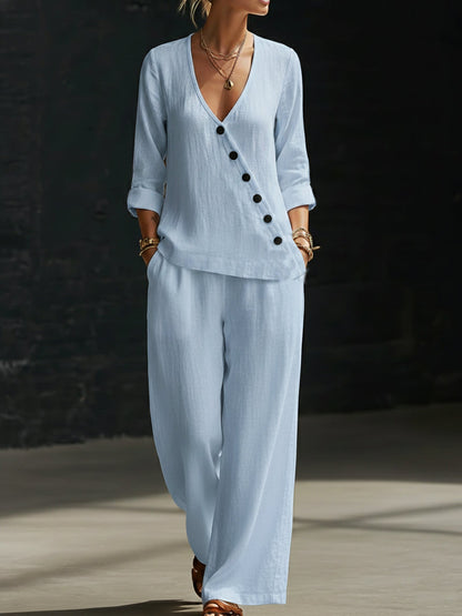 NEW🔥Minimalist V-neck Shirt And Wide-leg Pants Two-piece Set