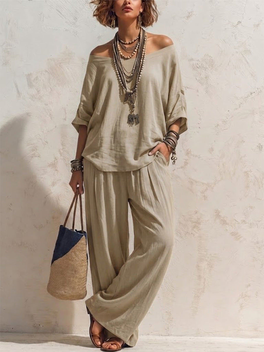 Casual, Loose-fitting Linen Set With Three-quarter Sleeve Top And Wide-leg Trousers