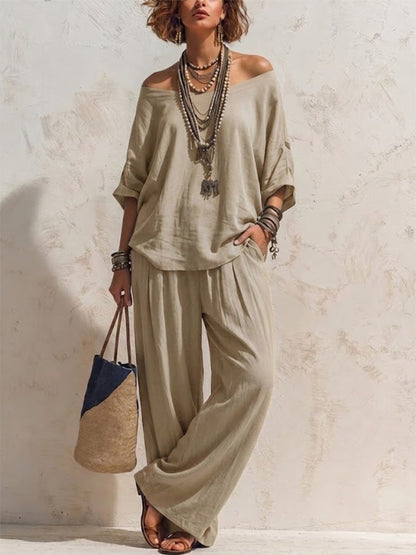 Casual, Loose-fitting Linen Set With Three-quarter Sleeve Top And Wide-leg Trousers