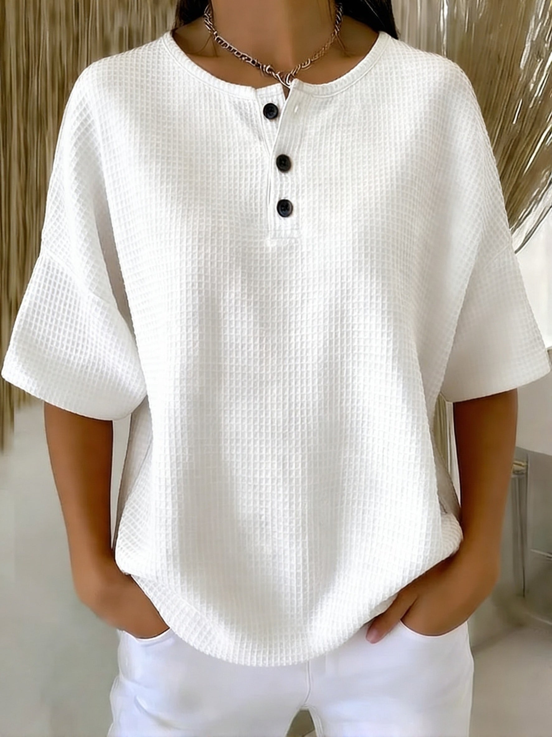 Casual Waffle Henry Collar Sweatshirt