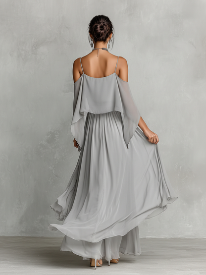 Women's Grey Breathable Chiffon Maxi Dress With Cold-Shoulder Detail & Flared Silhouette