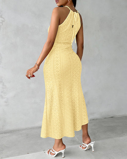 Halter Tie Criss Cross Front Knit Jacquard Textured Slit Dress Casual Hollow-out Draped Vacation Dress