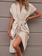 Women's Casual Dress Midi Dress Ruched Date Vacation Streetwear Basic V Neck Short Sleeve Black Pink Dark Green Color